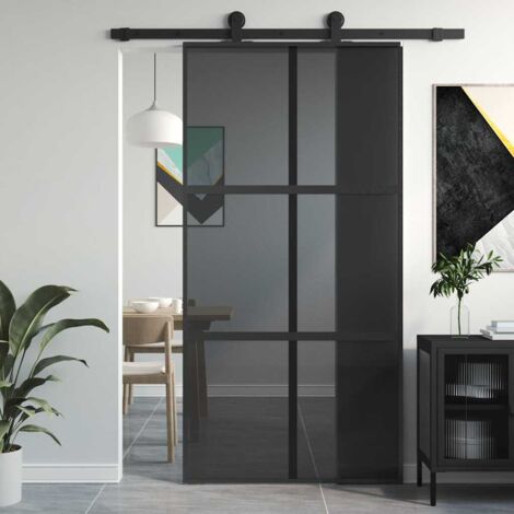 Porte Coulissante-Porte intérieure noir 102,5x205 cm verre trempé aluminium 247759