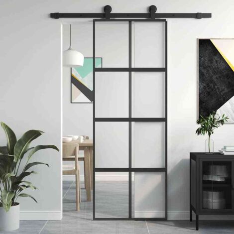 Porte Coulissante-Porte intérieure noir 76x205 cm verre trempé aluminium 425334
