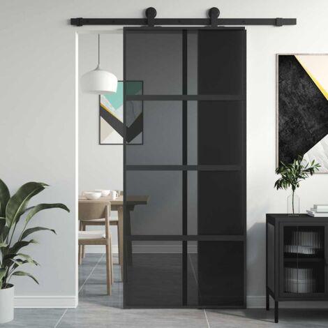 Porte Coulissante-Porte intérieure noir 90x205 cm verre trempé aluminium 657154