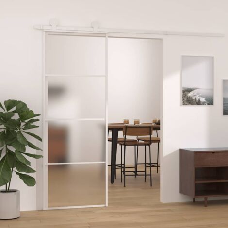 Porte Coulissante-Porte intérieure Verre ESG dépoli et aluminium 76x205 cm Blanc 879095