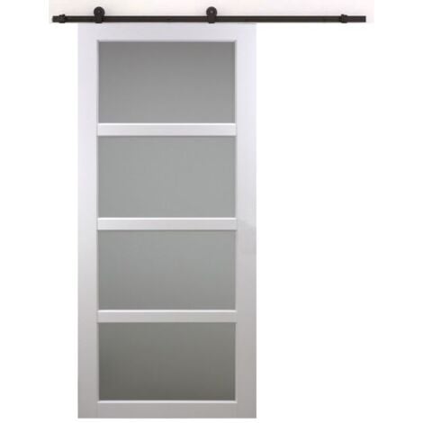 Porte Coulissante Tana Blanc Vitrée H204 X L83 + Rail à Roulettes Gd Menuiseries