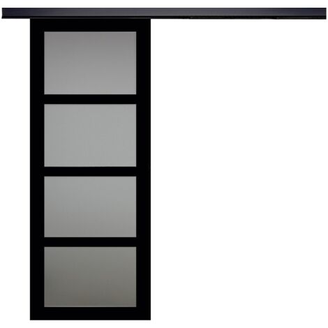 Porte Coulissante Telia Noir Vitrée H204 X L73 + Rail Alu Bandeau Noir