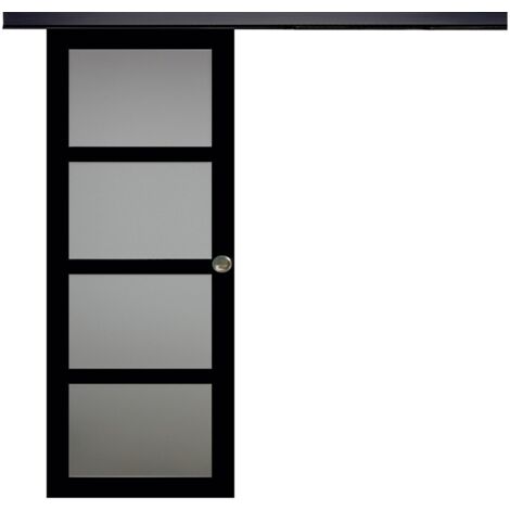 Porte Coulissante Telia Noir Vitrée H204 X L83 + Rail Alu Bandeau Noir Et 2 Coquilles