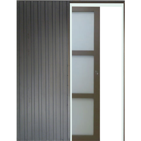 Porte Coulissante vitrée H204 x l73 et Systeme Galandage avec habillage et serrure inclus - gris_et_marron-12