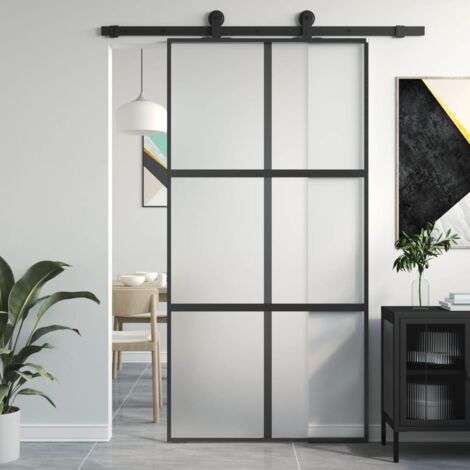 Porte coulissante，Porte glissante pour l'intérieure noir 102,5x205 cm verre trempé aluminium CFW83220