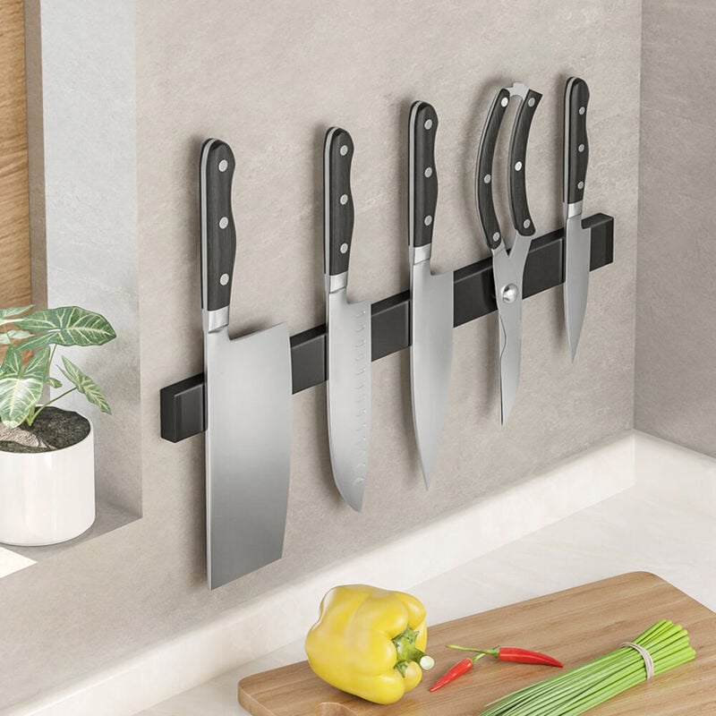 Porte Couteaux Aimanté, Acier Inoxydable Range outeaux sans perçage, Extra-Fort aimant couteau pour une cuisine bien rangée - Noire 40cm