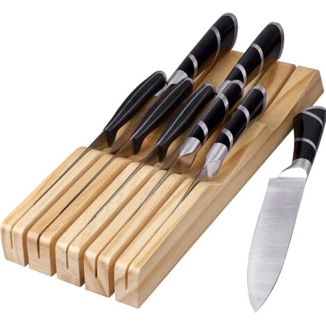 Porte-couteaux de cuisine pour tiroir, bloc universel en bois massif (9 couteaux), Bamboo Home (porte-couteaux)