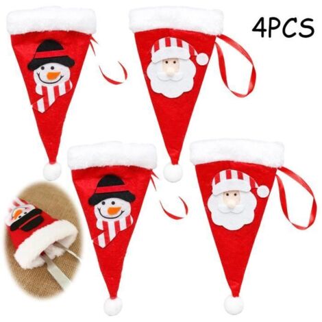 Porte-couverts de Noël - Chapeau du Père Noël - 4 pièces - Rouge et Blanc - Tissu non tissé