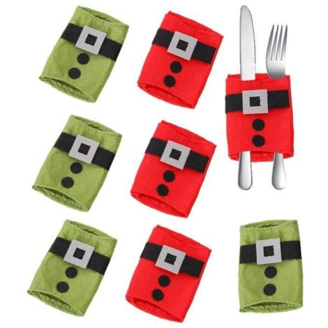 Porte-couverts de Noël - Décoration de table - 8 pièces - Feutrine - Rouge et Vert - 10x6cm