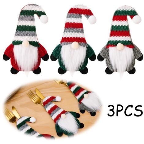 Porte-couverts de Noël - Gnome - Feutrine - Rouge, Vert, Gris - 3 pièces - 18x7,5 cm