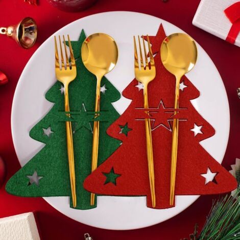 Porte-couverts de Noël MICH - 8 pièces en feutre - Sapin de Noël - Rouge et vert - Décoration de table