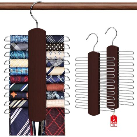 Porte-Cravates - Bois Naturel - Rotation 360° - Pour Porte-Classe ou Porte de Chambre - Support pour 40 Cravates Ceintures Écharpes - Lot de 2