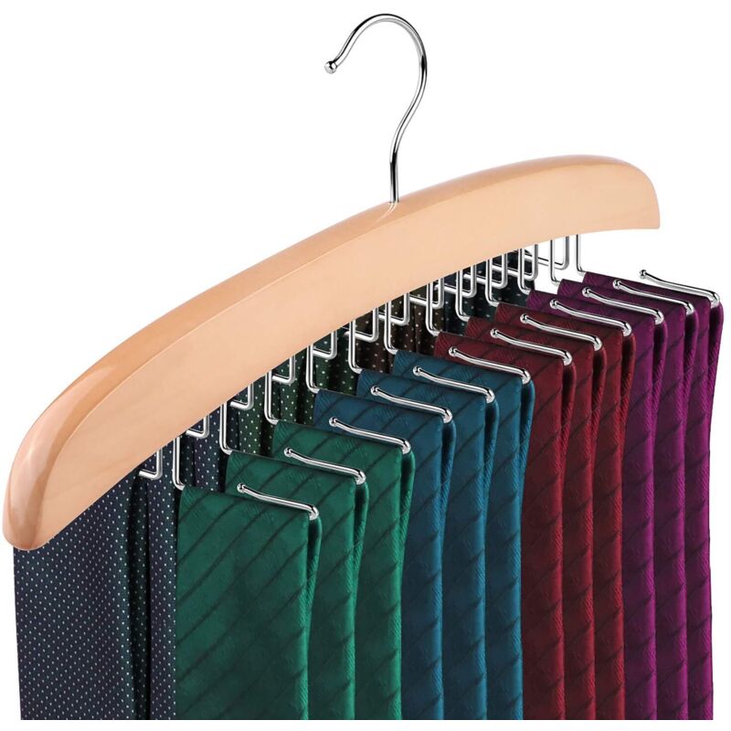 Porte-Cravates, Porte-Cravates pour Hommes, Organisateur de Ceintures en Bois Naturel Crochet en Métal Rotatif à 360 ° pour Votre Organisateur de