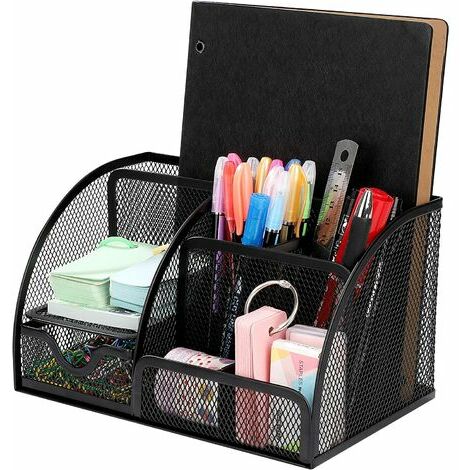 Porte-crayon organisateur de bureau en métal multifonctionnel avec boîte de rangement de papeterie à tiroir coulissant en maille pour la maison, école, le bureau noir