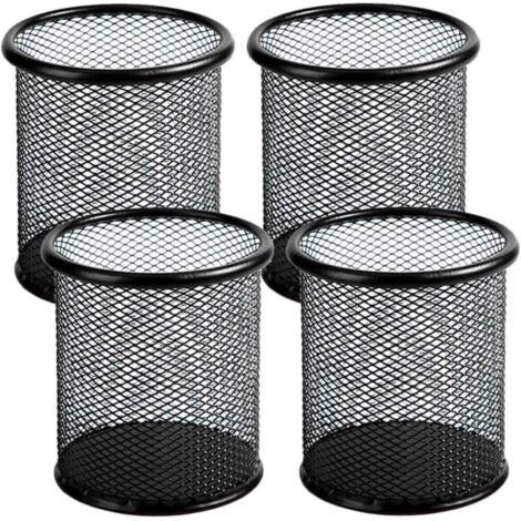 Porte-crayons en treillis métallique, 4 paquets, tasse à stylos en métal, étui de rangement de stylos de bureau, pot à crayons noir pour le bureau et la maison (noir)