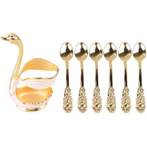 Porte-cuillère à café en forme de cygne élégant, support pour agitateurs en or et blanc, parfait pour café, bureau ou fêtes.