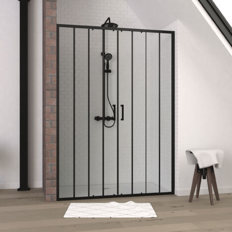 Aurlane – Paroi de douche 2 portes coulissantes 140x200 cm – Verre trempé 6 mm sérigraphié – Aluminium noir mat – Ouverture coulissante