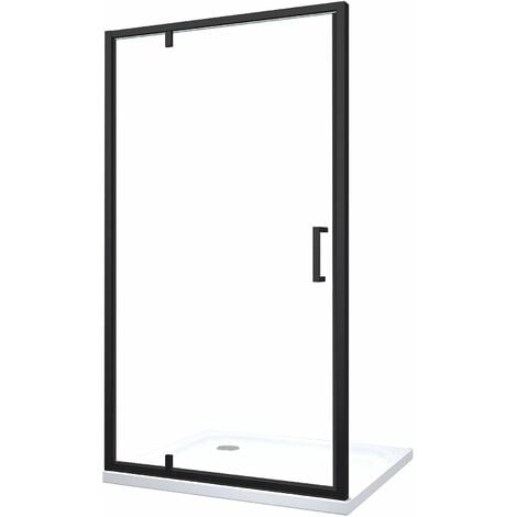 Porte de douche à ouverture battante roto-translante avec pivots asymétriques, cadre noir mat réversible
