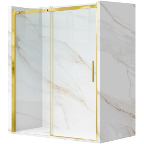 Porte De Douche Battante 110x195 cm en verre trempé transparent anticalcaire de 6 mm avec un cadre doré
