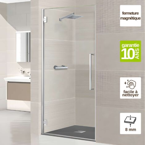 Porte de douche charnières gauche - Paroi de douche L.70 x H195 cm - Verre trempé 8mm transparent anti calcaire - Chromé - SUPERBAN