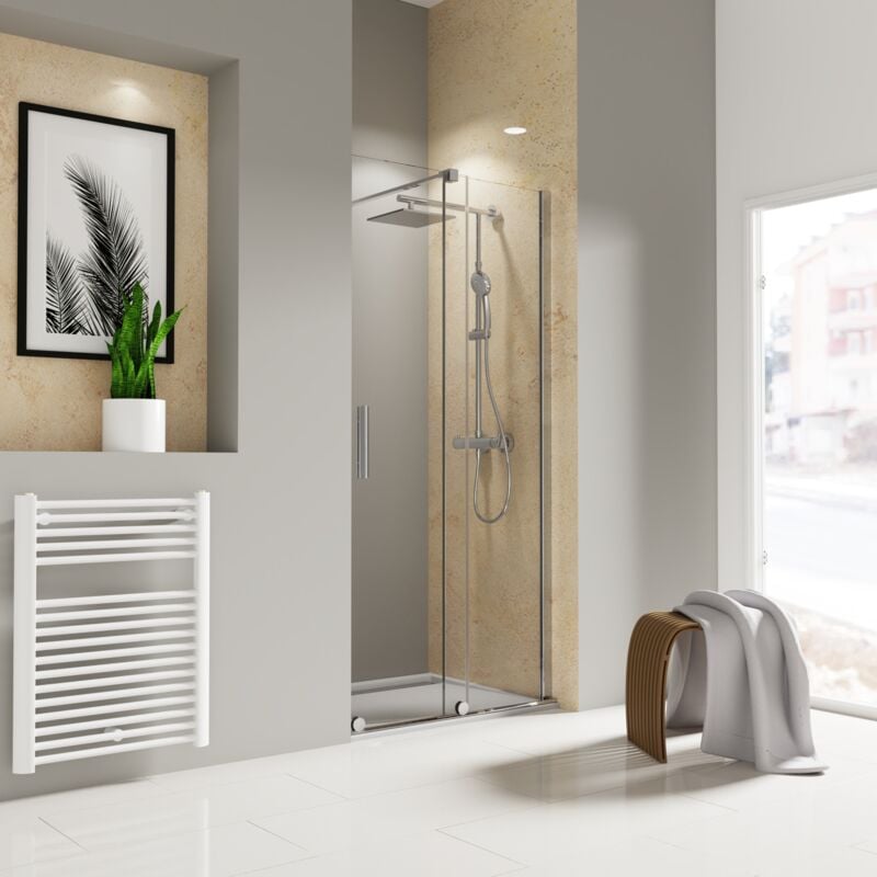 Porte de douche coulissante 120 x 200 cm, verre 8 mm transparent anticalcaire, profilé chromé version droite, roulettes en bas, Toura Schulte