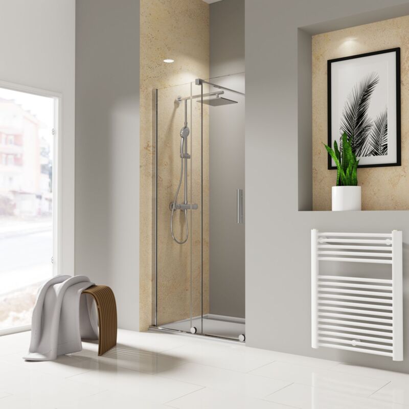 Porte de douche coulissante 120 x 200 cm, verre 8 mm transparent anticalcaire, profilé chromé version gauche, roulettes en bas, Toura Schulte