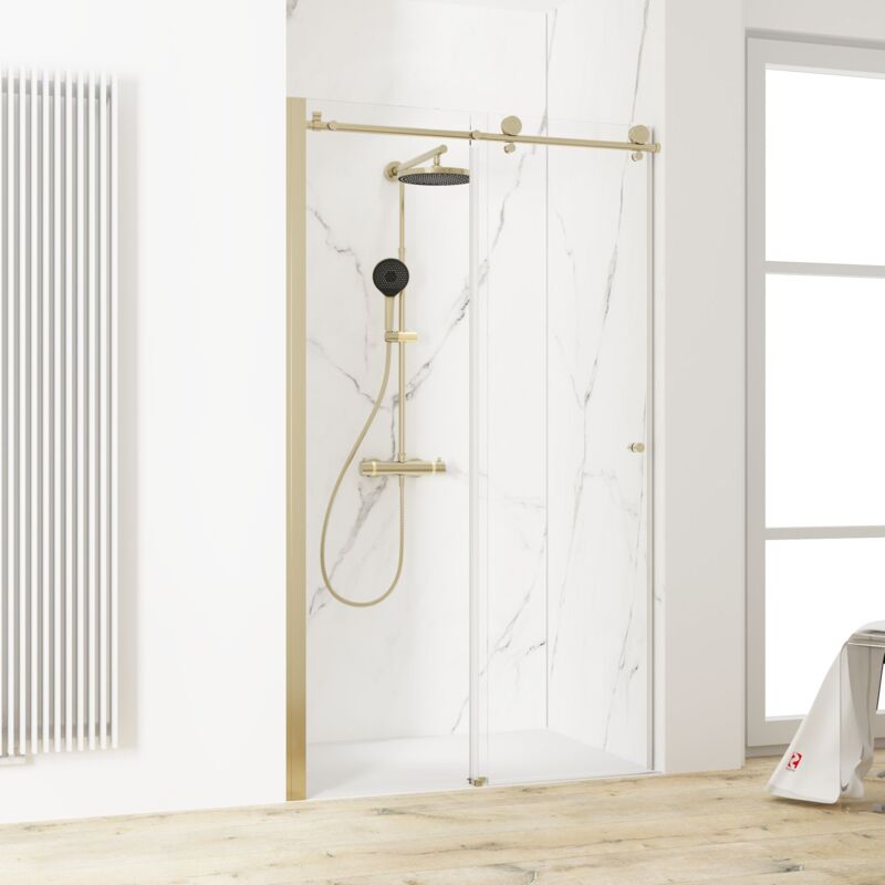 Porte de douche 100 x 200 cm, verre 8 mm, porte coulissante, profilé doré, MasterClass Schulte