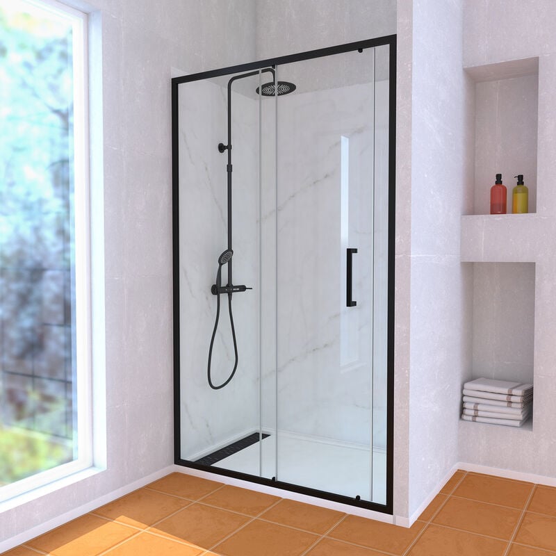 Aurlane - Porte de Douche Coulissante 120x200 cm Profil Noir et Receveur Blanc + Colonne de Douche Mécanique
