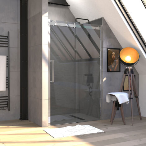 Aurlane – Porte de douche coulissante 120x200 cm – Verre trempé 8 mm – Aluminium chromé – Système soft-close – Largeur d'ouverture 52 cm