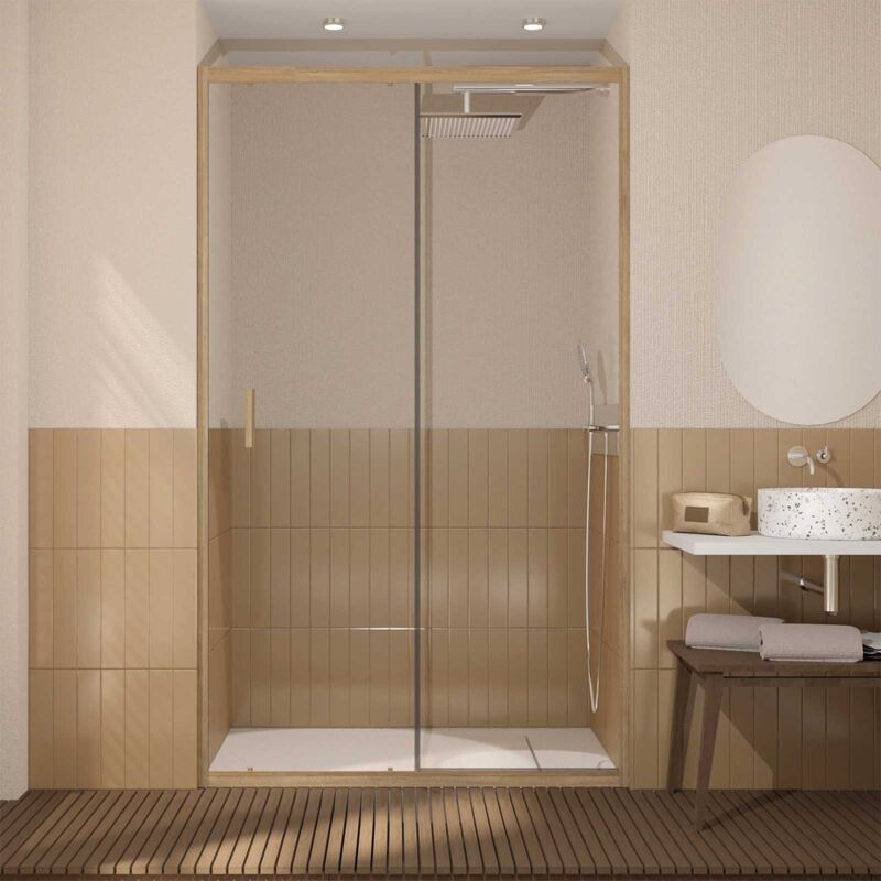 Porte de douche Coulissante 120x200cm - Profilés Aluminium effet Bois - Verre 6mm - wood crush
