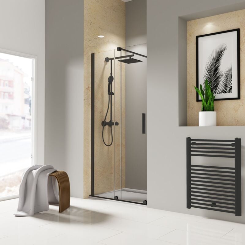 Porte de douche coulissante 100 x 200 cm, verre 8 mm transparent anticalcaire, profilé noir version gauche, roulettes en bas, Toura Schulte
