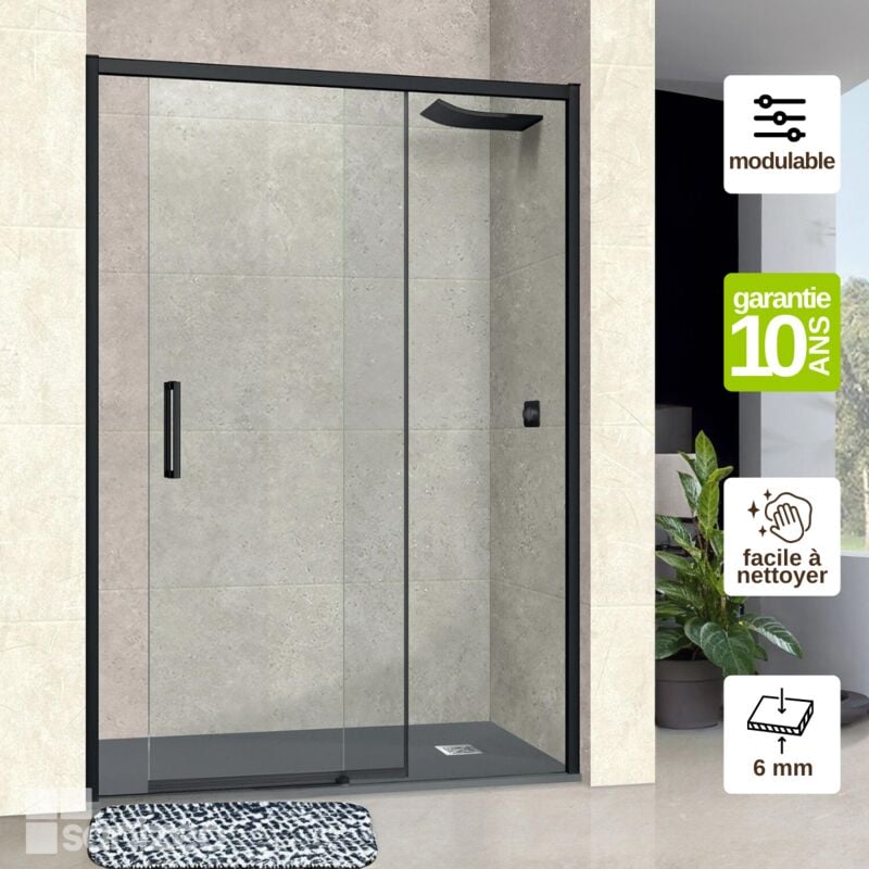 Pare douche porte coulissante gauche en verre ép 6mm L132/136H195 cm, profilé noir mat Superban Vézannes 2P