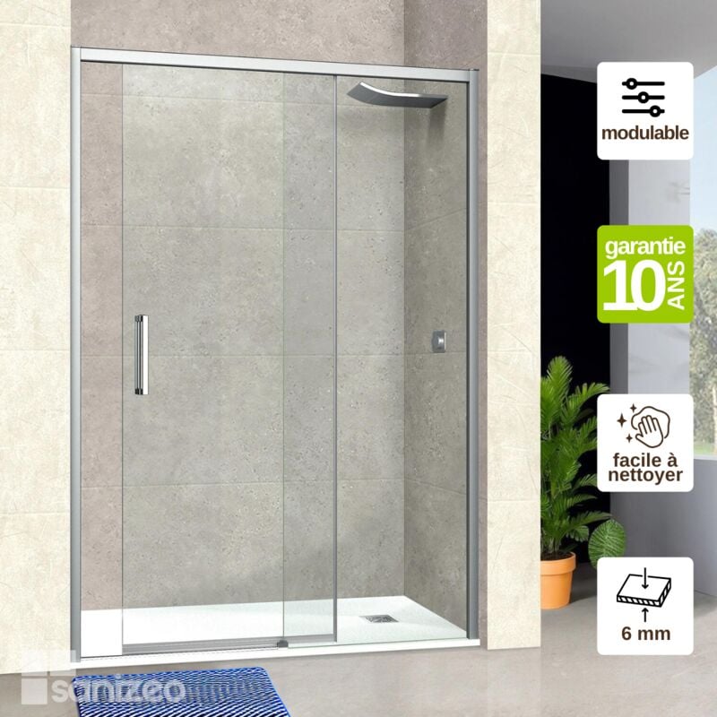 Pare douche porte coulissante gauche en verre ép 6mm L136/140H195 cm, profilé chrome Superban Vézannes 2P