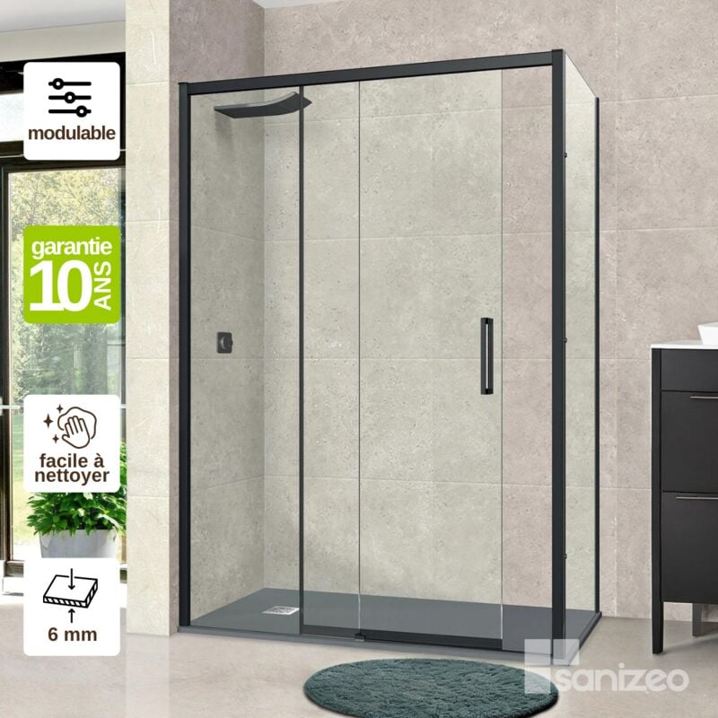 Pare douche porte coulissante et paroi latérale droite, L.124/128l.80H195 cm, verre 6mm sécurit Easy Clean Noir Mat Superban Vézannes 2PL