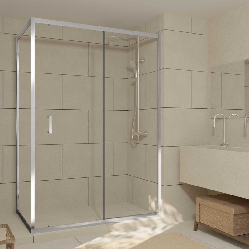 Porte de Douche Coulissante et Retour 140x90x200cm - Profilés Chrome - Verre trempé 6mm