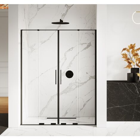 Porte de douche coulissante noire 4 volets  CANARIES BLACK,Largeur: 150 cm, verre 8 mm
