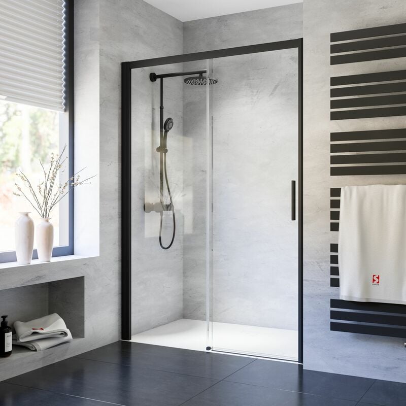 Porte de douche coulissante, verre 8 mm anticalcaire, profilé noir, Impériale 8, Schulte, softclose, 140 x 200 cm