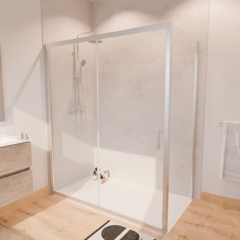 Paroi de douche d'angle avec porte coulissante + retour fixe nerina - 160x90 cm
