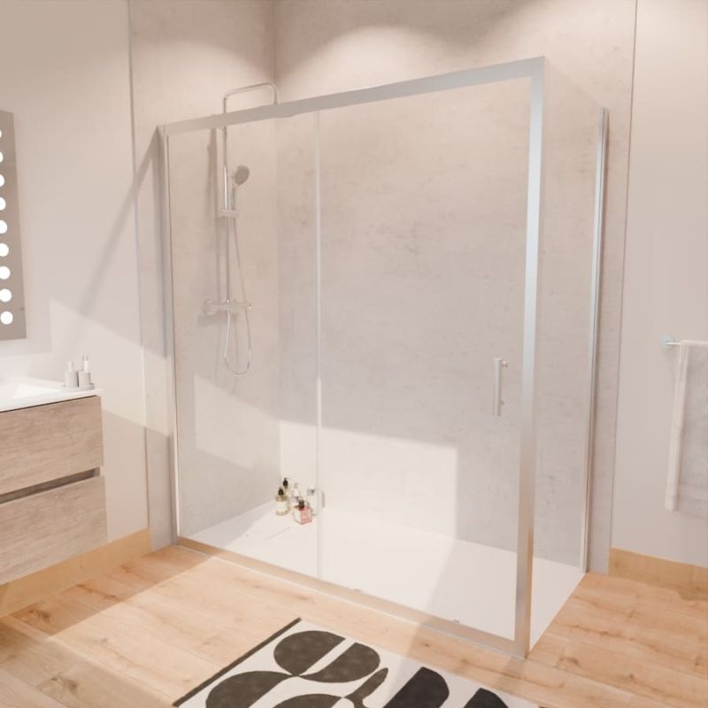Paroi de douche d'angle avec porte coulissante + retour fixe NERINA - 170x80 cm