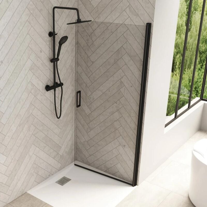 Porte de douche pivotante Smart Design de Kinedo 80 cm, profilé noir, verre transparent - pour montage en angle
