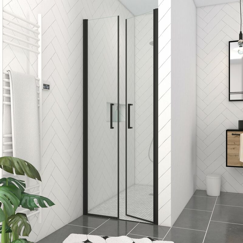 Porte de Douche Double Battant 80x200cm - Verre Trempé Transparent 6mm - Profil Noir Mat