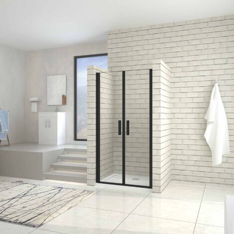 Porte de douche double battante 80x200cm verre anticalcaire en 8mm, profilé en alu noir