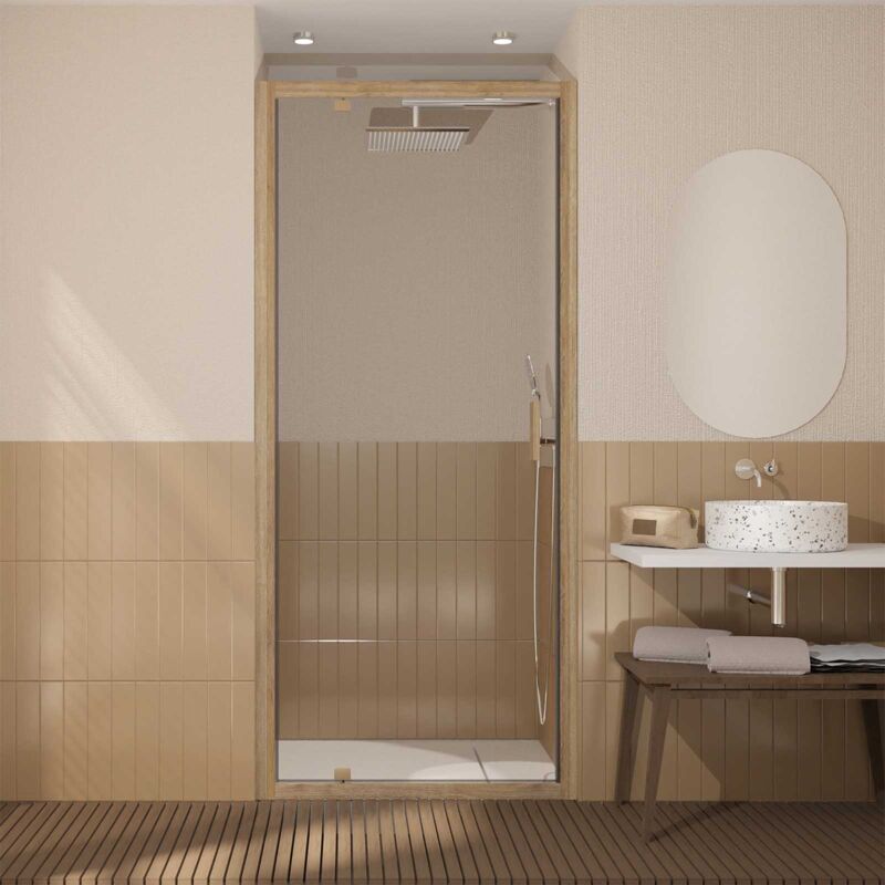 Porte de douche Pivotante 90x200cm - Profilés Aluminium effet Bois - Verre 6mm - wood crush