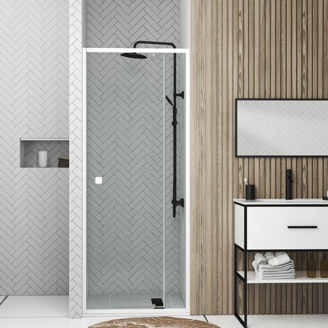 AURLANE Porte de douche pivotante ajustable de 78 à 90cm en Alu. Blanc et verre transparent - WHITY PIVOT