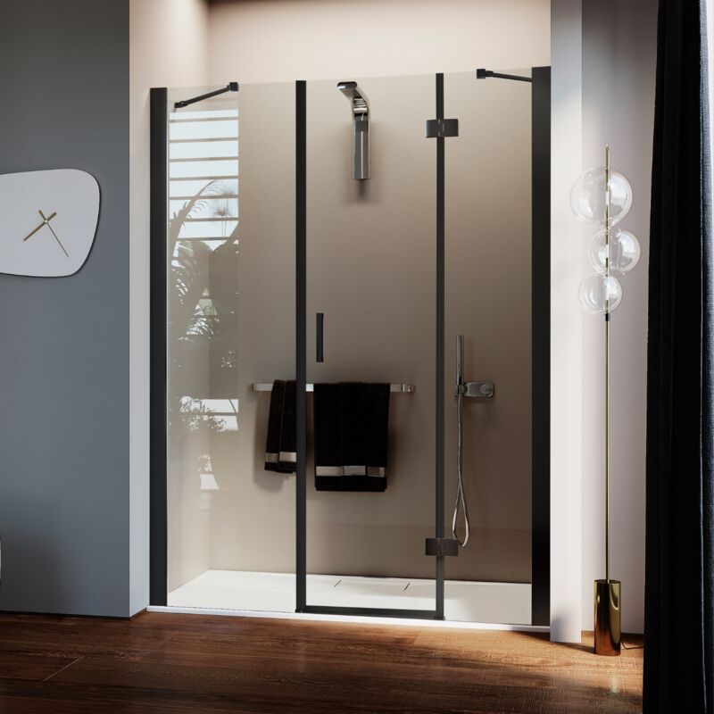 Idralite - Porte de douche pivotante h 190 verre transparent mod. Flip Black porte + fixe 165 cm