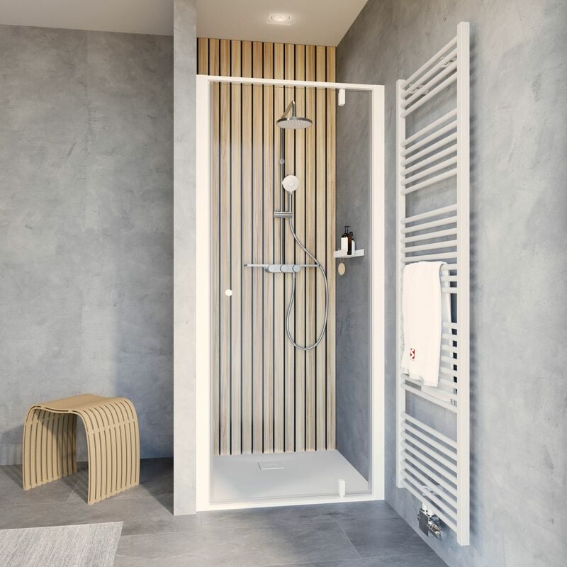 Porte de douche pivotante, verre 6 mm transparent, profilé blanc, Trend 2.0 Schulte 90 x 200 cm