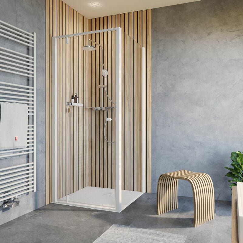 Porte de douche pivotante, verre 6 mm transparent, profilé blanc, Trend 2.0 Schulte avec paroi latérale 80 x 80 x 200 cm