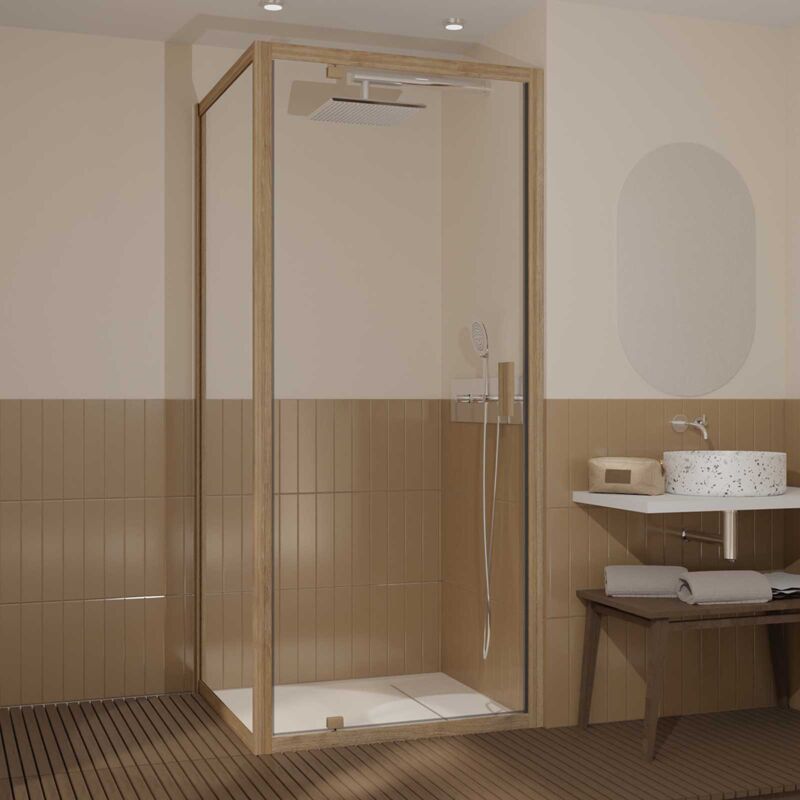 Porte de Douche Pivotante et Retour 90x90x200cm - Profilés Alu Effet Bois - Verre Trempé 6mm
