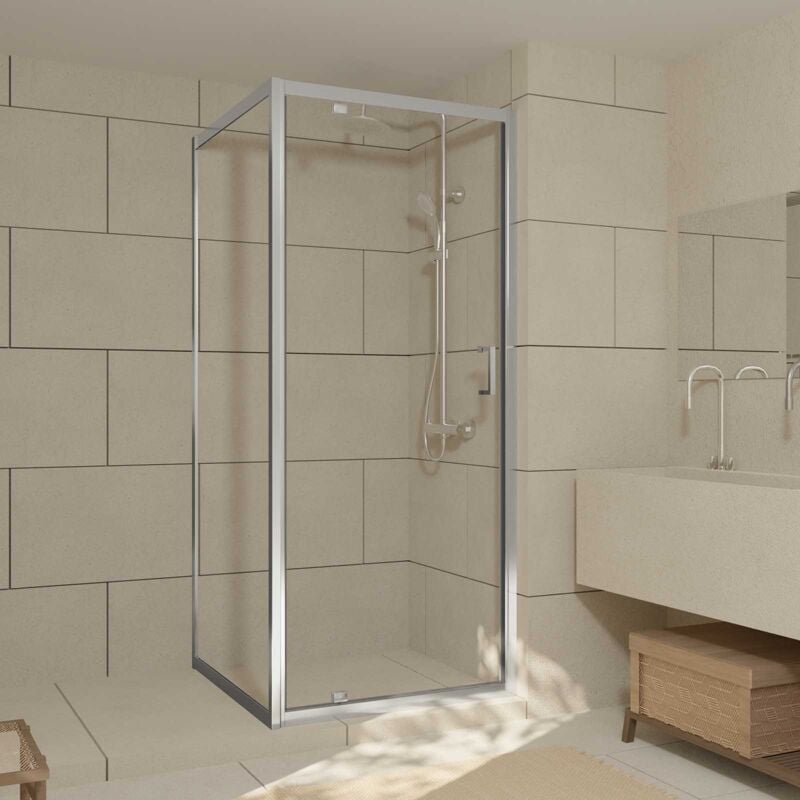 Porte de Douche Pivotante et Retour 80x80x200cm - Profilés Chrome - Verre trempé 6mm