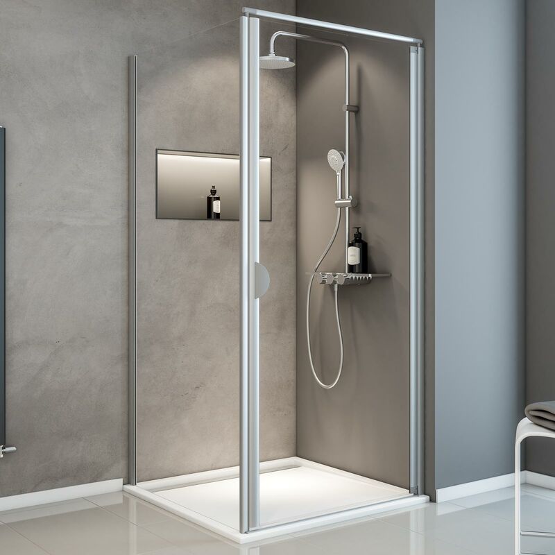 Schulte - jamais utilisé ] - Porte de douche pivotante + paroi de retour fixe, verre 5 mm transparent, Sunny ExpressPlus profilé alu-nature, 80 x 80